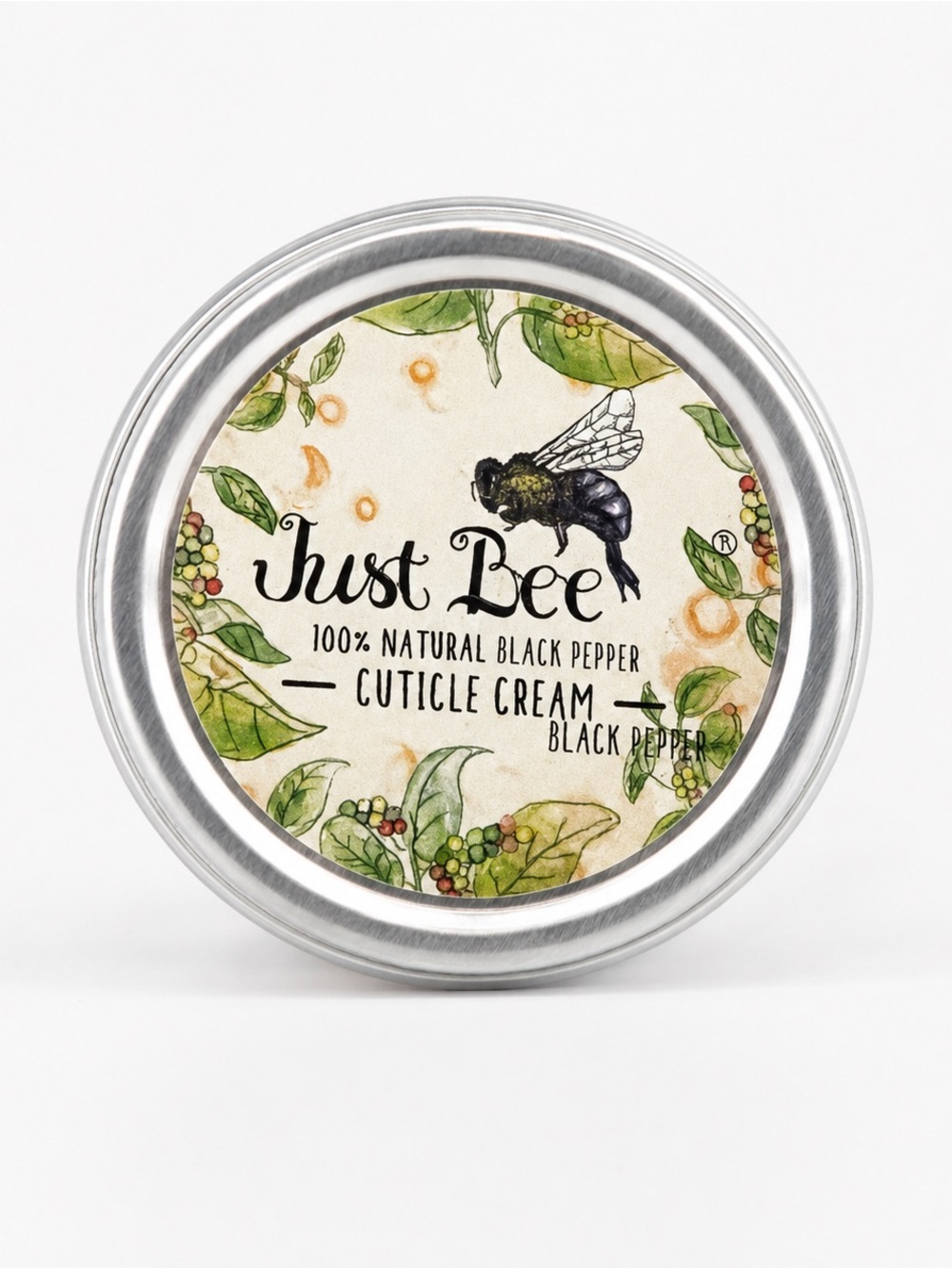 just be Cuticle Cream Tin with Green and Black Bee Illustration